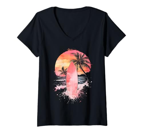 Damen Surf Aquarell Surfbrett Surfen Strand Palmen Surfer T-Shirt mit V-Ausschnitt Damen Surf Aquarell Surfbrett Surfen Strand Palmen Surfer T-Shirt mit V-Ausschnitt von We Love Surfing - Surfer Apparel & Gifts