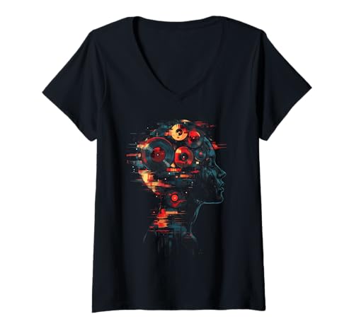 Damen Schallplattensammler DJ Retro Musikliebhaber Glitch Art T-Shirt mit V-Ausschnitt Damen Schallplattensammler DJ Retro Musikliebhaber Glitch Art T-Shirt mit V-Ausschnitt von We Love Vinyl Records - DJ Apparel & Gifts