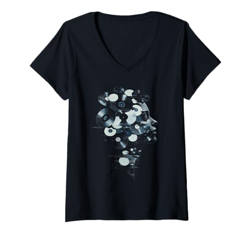 Damen Schallplattensammler DJ Retro Musikliebhaber Glitch Art T-Shirt mit V-Ausschnitt Damen Schallplattensammler DJ Retro Musikliebhaber Glitch Art T-Shirt mit V-Ausschnitt von We Love Vinyl Records - DJ Apparel & Gifts