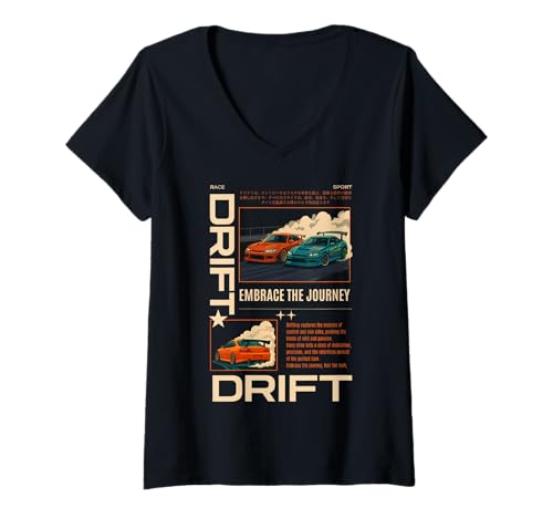 Damen Grafik des japanischen Drift-Rennwagens von Racing Japanese JDM Tokyo Japan T-Shirt mit V-Ausschnitt Damen Grafik des japanischen Drift-Rennwagens von Racing Japanese JDM Tokyo Japan T-Shirt mit V-Ausschnitt von We Race Apparel