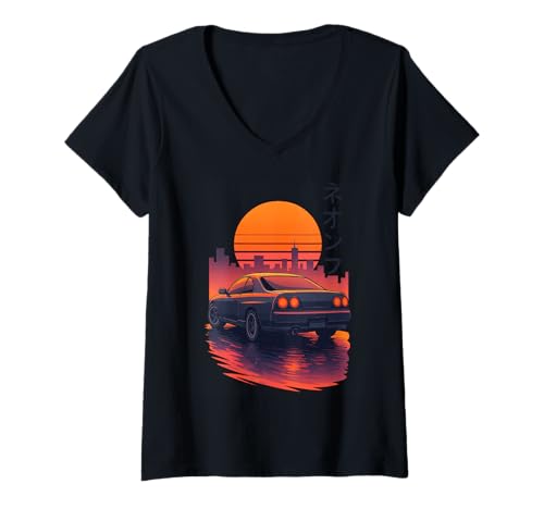 Damen Vintage Japanisch JDM Tokyo Japan Drift Race Car Tuning T-Shirt mit V-Ausschnitt Damen Vintage Japanisch JDM Tokyo Japan Drift Race Car Tuning T-Shirt mit V-Ausschnitt von We Race Apparel