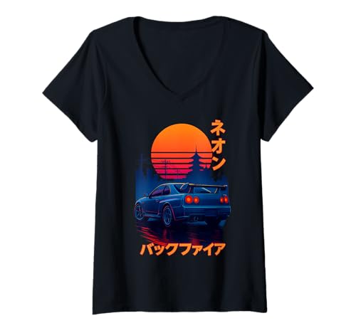 Damen Vintage Japanisch JDM Tokyo Japan Drift Race Car Tuning T-Shirt mit V-Ausschnitt Damen Vintage Japanisch JDM Tokyo Japan Drift Race Car Tuning T-Shirt mit V-Ausschnitt von We Race Apparel