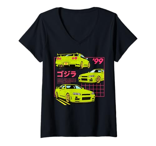 Damen Vintage japanische JDM Tokyo Japan Drift Race Car Grafik T-Shirt mit V-Ausschnitt Damen Vintage japanische JDM Tokyo Japan Drift Race Car Grafik T-Shirt mit V-Ausschnitt von We Race Apparel