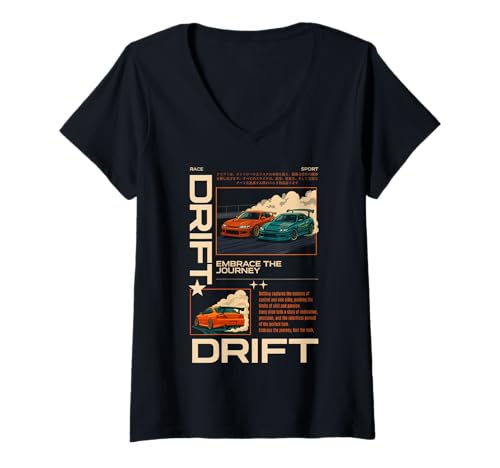 Damen Vintage japanische JDM Tokyo Japan Drift Race Car Grafik T-Shirt mit V-Ausschnitt Damen Vintage japanische JDM Tokyo Japan Drift Race Car Grafik T-Shirt mit V-Ausschnitt von We Race Apparel