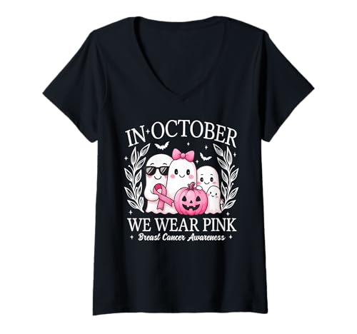 Damen Im Oktober tragen wir Pink Ribbon Ghost Breast Cancer Awareness T-Shirt mit V-Ausschnitt Damen Im Oktober tragen wir Pink Ribbon Ghost Breast Cancer Awareness T-Shirt mit V-Ausschnitt von We Wear Pink Ghost Halloween Breast Cancer Apparel