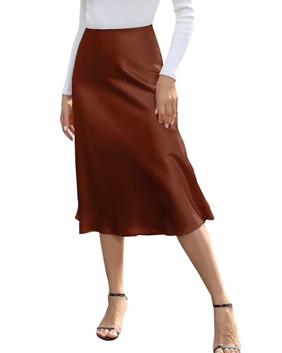 We1Fit Damen Satinrock mit hoher Taille, elegant, A-Linie, Cocktail, Party, Hochzeit, Seidenröcke, Braun, Groß von We1Fit