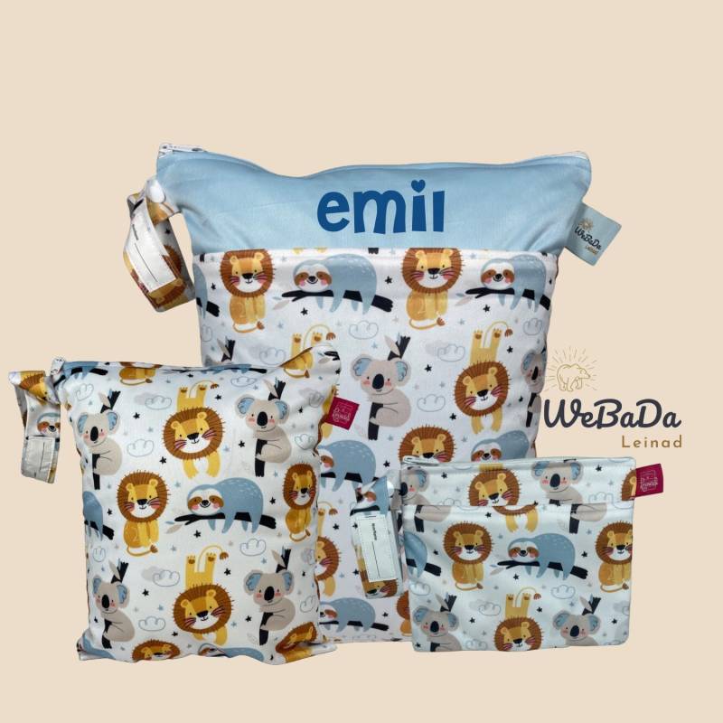 Personalisierbares Wetbag 3Er Set Löwe, Faultier, Koala Für Wechselkleidung, Stoffwindeln, Feuchttücher, Waschlappen - Geschenke Babys von WeBaDaLEINAD