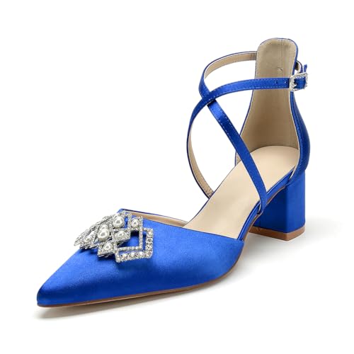 Blockabsatz Hochzeitsschuhe 5.5Cm Damen Riemen Pumps Spitze Zehen Brautschuhe,Blau,36 EU von WeFloHsL