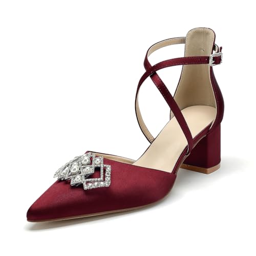 Blockabsatz Hochzeitsschuhe 5.5Cm Damen Riemen Pumps Spitze Zehen Brautschuhe,Burgundy,38 EU von WeFloHsL