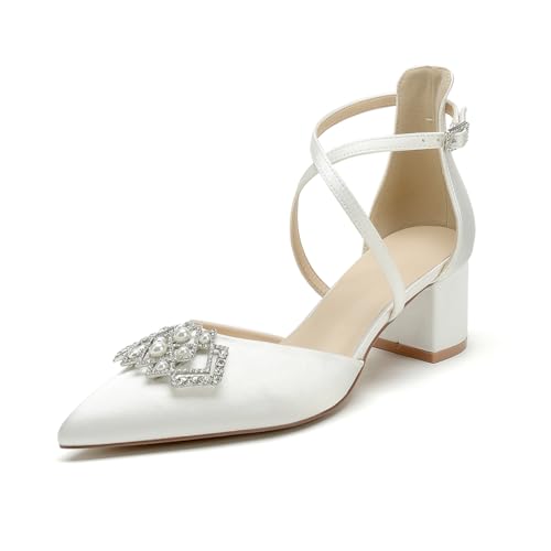 Blockabsatz Hochzeitsschuhe 5.5Cm Damen Riemen Pumps Spitze Zehen Brautschuhe,Elfenbein,36 EU von WeFloHsL