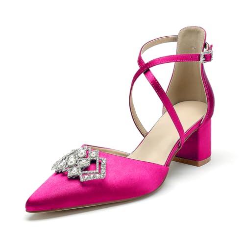 Blockabsatz Hochzeitsschuhe 5.5Cm Damen Riemen Pumps Spitze Zehen Brautschuhe,Fuchsia,41 EU von WeFloHsL