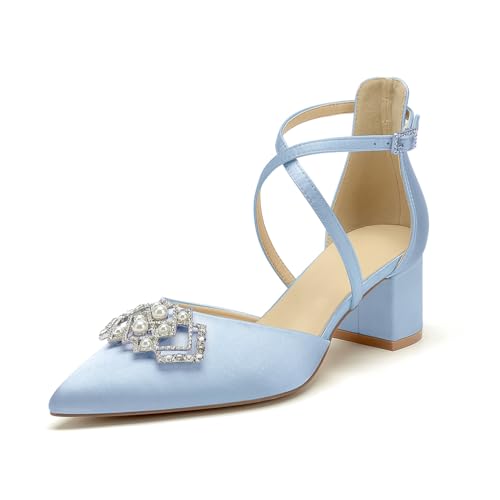 Blockabsatz Hochzeitsschuhe 5.5Cm Damen Riemen Pumps Spitze Zehen Brautschuhe,Light Blue,36 EU von WeFloHsL