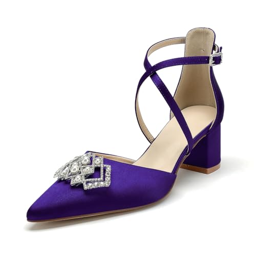 Blockabsatz Hochzeitsschuhe 5.5Cm Damen Riemen Pumps Spitze Zehen Brautschuhe,Lila,41 EU von WeFloHsL