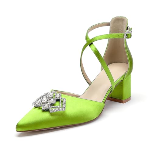 Blockabsatz Hochzeitsschuhe 5.5Cm Damen Riemen Pumps Spitze Zehen Brautschuhe,Lime,40 EU von WeFloHsL