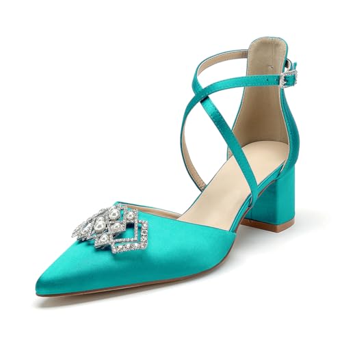 Blockabsatz Hochzeitsschuhe 5.5Cm Damen Riemen Pumps Spitze Zehen Brautschuhe,Teal,41 EU von WeFloHsL