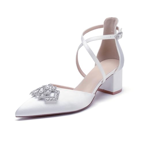 Blockabsatz Hochzeitsschuhe 5.5Cm Damen Riemen Pumps Spitze Zehen Brautschuhe,Weiß,35 EU von WeFloHsL