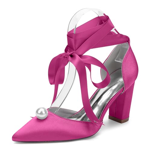 Damen Blockabsatz 8,5 cm Brautschuhe Schnürung Pumps Geschlossene Zehen Perlen Satin Party Hochzeitsschuhe 22014-15HS,Fuchsia,38 EU von WeFloHsL
