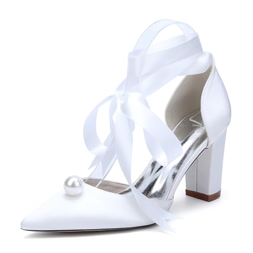 Damen Blockabsatz 8,5 cm Brautschuhe Schnürung Pumps Geschlossene Zehen Perlen Satin Party Hochzeitsschuhe 22014-15HS,Weiß,37 EU von WeFloHsL