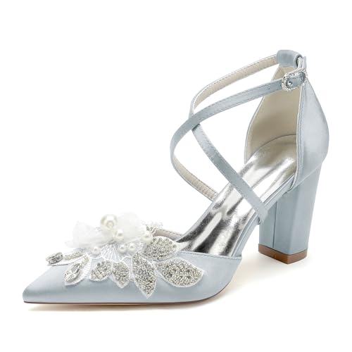 Damen Blockabsatz Brautschuhe Riemchen Pumps Satin Perlen Strass Spitze Zehen Hochzeits Abendschuhe 22014-59T,Silber,38 EU von WeFloHsL