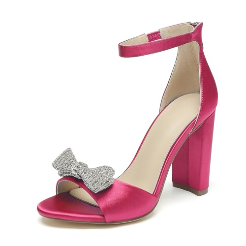 Damen Blockabsatz Brautschuhe Sandalen Schleifen Strass Satin Peep Toe Riemen Pumps Hochzeitsschuhe Mit Reißverschluss,Fuchsia,42 EU von WeFloHsL
