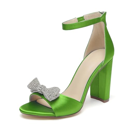 Damen Blockabsatz Brautschuhe Sandalen Schleifen Strass Satin Peep Toe Riemen Pumps Hochzeitsschuhe Mit Reißverschluss,Lime,42 EU von WeFloHsL