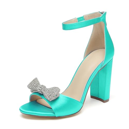 Damen Blockabsatz Brautschuhe Sandalen Schleifen Strass Satin Peep Toe Riemen Pumps Hochzeitsschuhe Mit Reißverschluss,Teal,41 EU von WeFloHsL