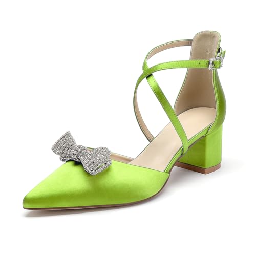 Damen Blockabsatz Hochzeits Pumps Strass Schleifen Satin Brautschuhe Kreuzriemen Spitze Zehen Party Brautjungfernschuhe,Lime,35 EU von WeFloHsL
