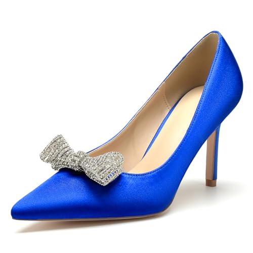 Damen Brautschuhe High Heels Pumps Spitzschuh Satin Schleife Strass Kleid Hochzeitsschuhe,Blau,37 EU von WeFloHsL