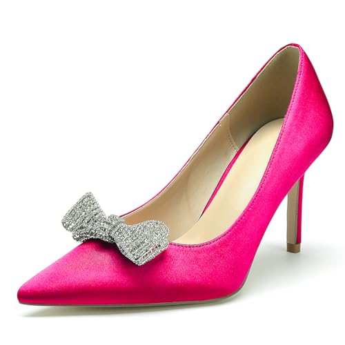 Damen Brautschuhe High Heels Pumps Spitzschuh Satin Schleife Strass Kleid Hochzeitsschuhe,Fuchsia,41 EU von WeFloHsL