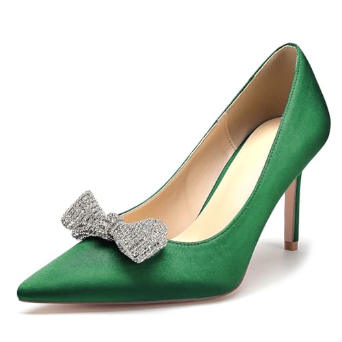 Damen Brautschuhe High Heels Pumps Spitzschuh Satin Schleife Strass Kleid Hochzeitsschuhe,Grün,37 EU von WeFloHsL