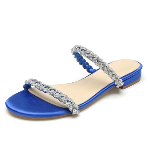 Damen Flache Hochzeits Sandalen Elegant Riemchen Sandalen Mit Strass Satin Offene Zehen Pantoletten Brautschuhe Strandsandalen,Blau,38 EU von WeFloHsL