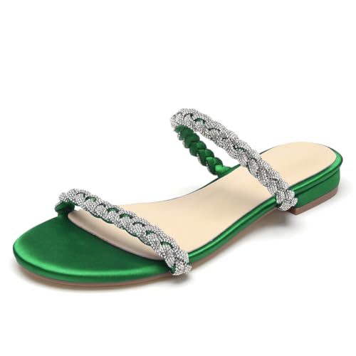 Damen Flache Hochzeits Sandalen Elegant Riemchen Sandalen Mit Strass Satin Offene Zehen Pantoletten Brautschuhe Strandsandalen,Grün,38 EU Damen Flache Hochzeits Sandalen Elegant Riemchen Sandalen Mit Strass Satin Offene Zehen Pantoletten Brautschuhe Strandsandalen,Grün,38 EU von WeFloHsL