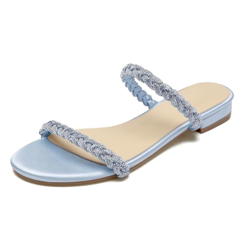 Damen Flache Hochzeits Sandalen Elegant Riemchen Sandalen Mit Strass Satin Offene Zehen Pantoletten Brautschuhe Strandsandalen,Light Blue,37 EU von WeFloHsL
