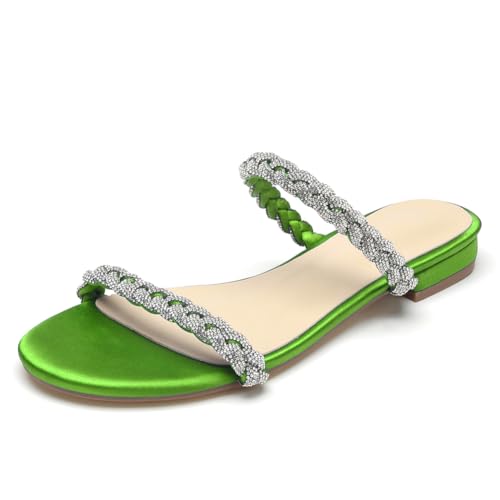 Damen Flache Hochzeits Sandalen Elegant Riemchen Sandalen Mit Strass Satin Offene Zehen Pantoletten Brautschuhe Strandsandalen,Lime,42 EU Damen Flache Hochzeits Sandalen Elegant Riemchen Sandalen Mit Strass Satin Offene Zehen Pantoletten Brautschuhe Strandsandalen,Lime,42 EU von WeFloHsL