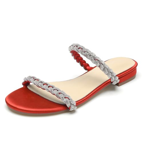 Damen Flache Hochzeits Sandalen Elegant Riemchen Sandalen Mit Strass Satin Offene Zehen Pantoletten Brautschuhe Strandsandalen,Rot,41 EU Damen Flache Hochzeits Sandalen Elegant Riemchen Sandalen Mit Strass Satin Offene Zehen Pantoletten Brautschuhe Strandsandalen,Rot,41 EU von WeFloHsL