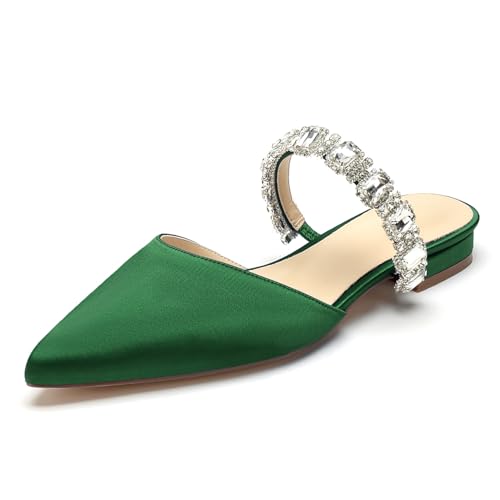 Damen Flache Hochzeitsschuhe Mules Sandalen Mit Strass Riemchen Spitze Zehen Satin Loafer Party Brautschuhe,Grün,38 EU Damen Flache Hochzeitsschuhe Mules Sandalen Mit Strass Riemchen Spitze Zehen Satin Loafer Party Brautschuhe,Grün,38 EU von WeFloHsL