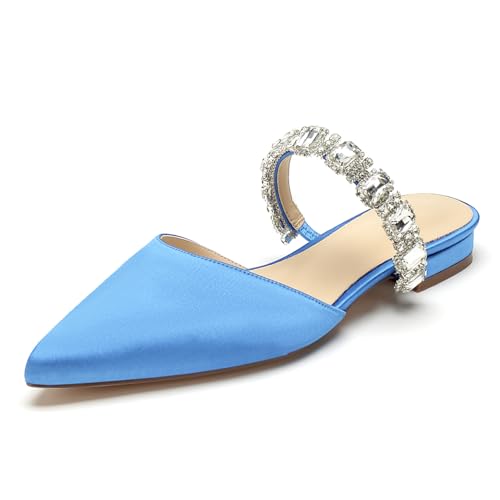 Damen Flache Hochzeitsschuhe Mules Sandalen Mit Strass Riemchen Spitze Zehen Satin Loafer Party Brautschuhe,Light Blue,37 EU von WeFloHsL