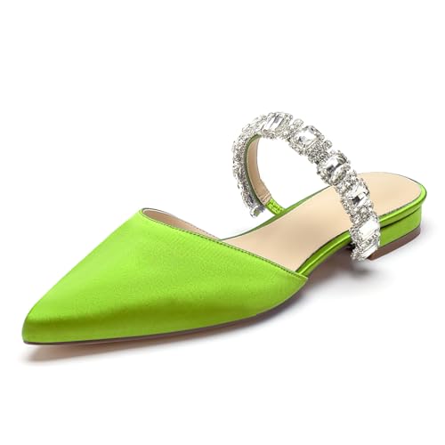 Damen Flache Hochzeitsschuhe Mules Sandalen Mit Strass Riemchen Spitze Zehen Satin Loafer Party Brautschuhe,Lime,42 EU Damen Flache Hochzeitsschuhe Mules Sandalen Mit Strass Riemchen Spitze Zehen Satin Loafer Party Brautschuhe,Lime,42 EU von WeFloHsL