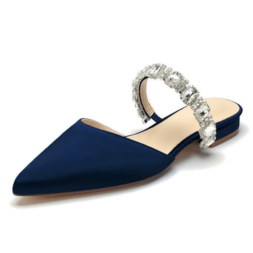 Damen Flache Hochzeitsschuhe Mules Sandalen Mit Strass Riemchen Spitze Zehen Satin Loafer Party Brautschuhe,Marine,36 EU von WeFloHsL