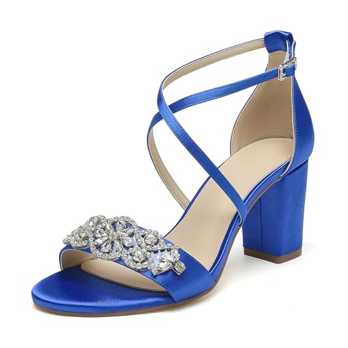 Damen Hochzeits Sandalen Mit Blockabsatz Knöchelriemen Satin Strass Offener Zehen Brautschuhe Party Abendschuhe,Blau,36 EU von WeFloHsL