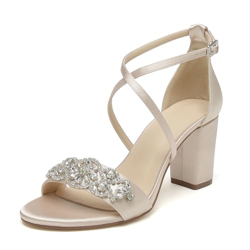 Damen Hochzeits Sandalen Mit Blockabsatz Knöchelriemen Satin Strass Offener Zehen Brautschuhe Party Abendschuhe,Champagne,43 EU von WeFloHsL