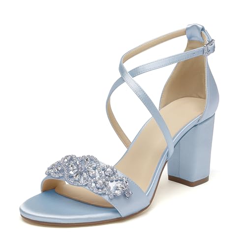 Damen Hochzeits Sandalen Mit Blockabsatz Knöchelriemen Satin Strass Offener Zehen Brautschuhe Party Abendschuhe,Light Blue,38 EU von WeFloHsL