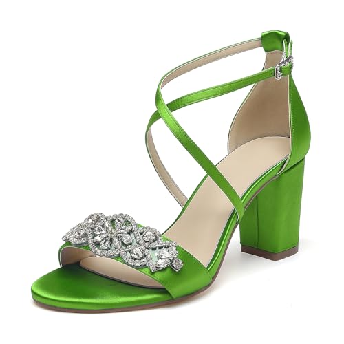 Damen Hochzeits Sandalen Mit Blockabsatz Knöchelriemen Satin Strass Offener Zehen Brautschuhe Party Abendschuhe,Lime,38 EU von WeFloHsL