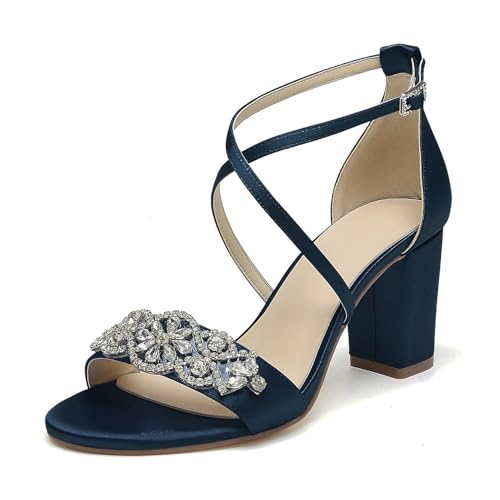 Damen Hochzeits Sandalen Mit Blockabsatz Knöchelriemen Satin Strass Offener Zehen Brautschuhe Party Abendschuhe,Marine,38 EU von WeFloHsL