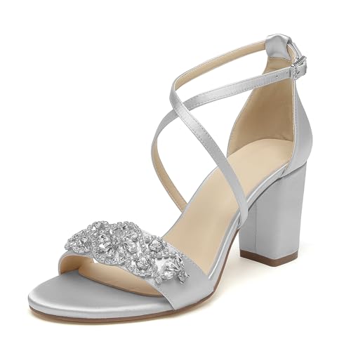 Damen Hochzeits Sandalen Mit Blockabsatz Knöchelriemen Satin Strass Offener Zehen Brautschuhe Party Abendschuhe,Silber,37 EU von WeFloHsL