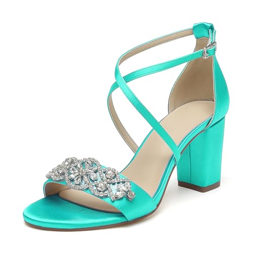 Damen Hochzeits Sandalen Mit Blockabsatz Knöchelriemen Satin Strass Offener Zehen Brautschuhe Party Abendschuhe,Teal,40 EU von WeFloHsL