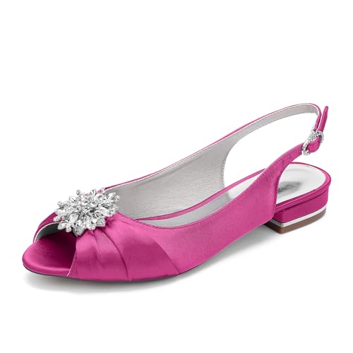 Damen Peep Toe Slingback Ballerinas Satin Strass Flache Brautschuhe Hochzeitsschuhe Sandalen 1899-16Y,Fuchsia,41 EU Damen Peep Toe Slingback Ballerinas Satin Strass Flache Brautschuhe Hochzeitsschuhe Sandalen 1899-16Y,Fuchsia,41 EU von WeFloHsL