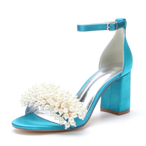 Damen Perlen Blockabsatz Brautsandalen Offene Zehen Knöchelriemen Pumps Satin Hochzeit Abendschuhe 1151-13,Green Blue,40 EU von WeFloHsL