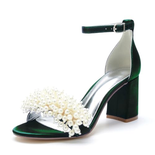 Damen Perlen Blockabsatz Brautsandalen Offene Zehen Knöchelriemen Pumps Satin Hochzeit Abendschuhe 1151-13,Grün,42 EU von WeFloHsL