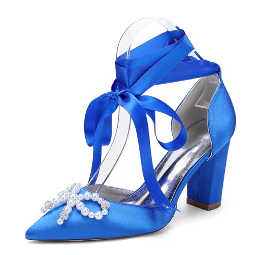 Damen Perlen Blockabsatz Hochzeitsschuhe Satin Schnür Pumps Spitz Zehen Braut Kleid Partyschuhe 22014-15HS,Blau,41 EU von WeFloHsL